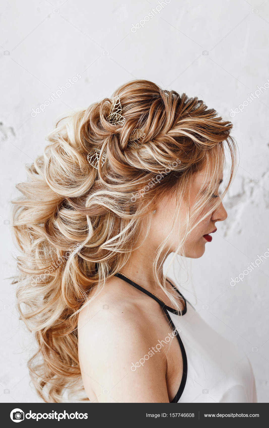 Beautiful woman with dyed hair with Evening hairstyle Greek braid Stock  Photo by ©frantic00 157746608