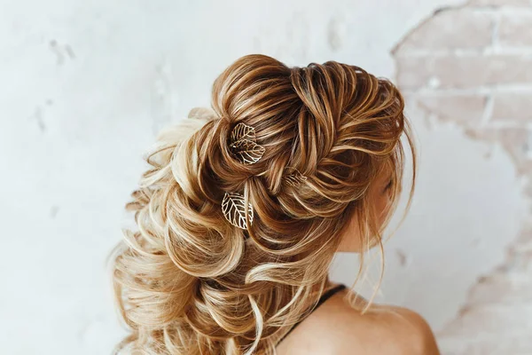 Close up detail of greek braid hairstyle, back rear view at hairdresser salon — Stock Photo, Image