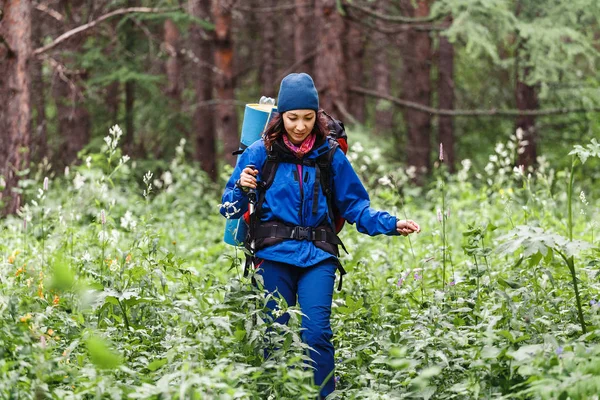 Feliz chica asiática activa senderismo en la naturaleza del bosque en un sendero salvaje en otoño al aire libre — Foto de Stock