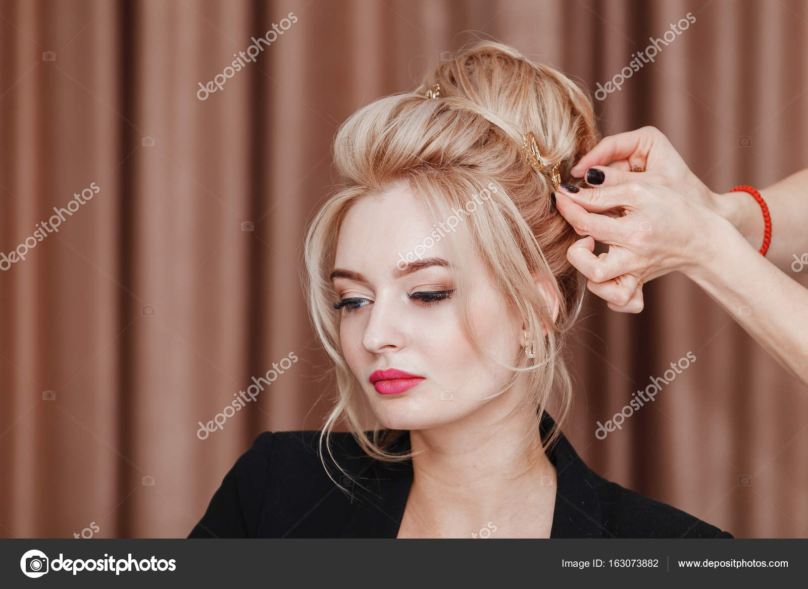 Beauty Blond Woman In Hairdresser Salon Making An Evening Or