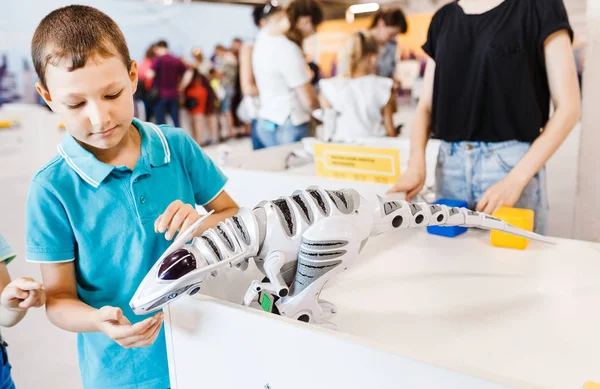 Kid boy playing with interactive robot toy at the exhibition