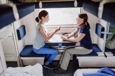 Two women Friends talking and laughing while traveling by reserved ticket train, railroad trip concept clipart