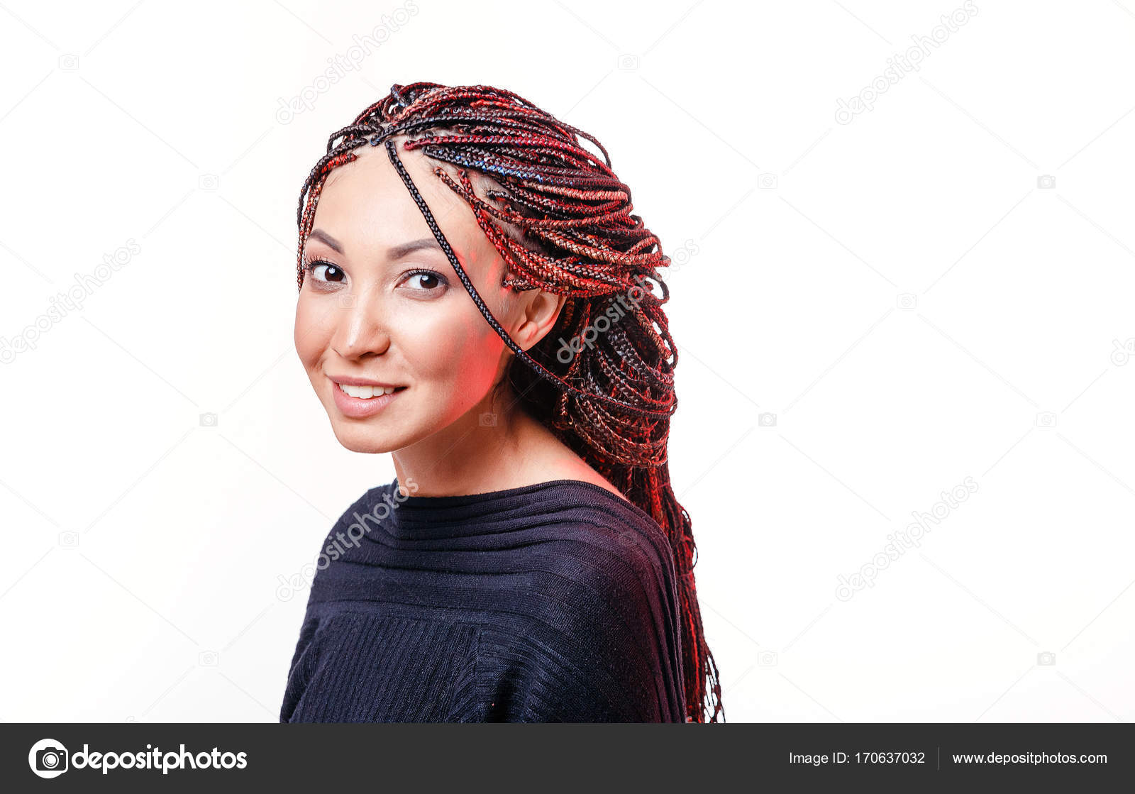 Isolated On White Woman With Colorful Hair Braided In Thin Plaits