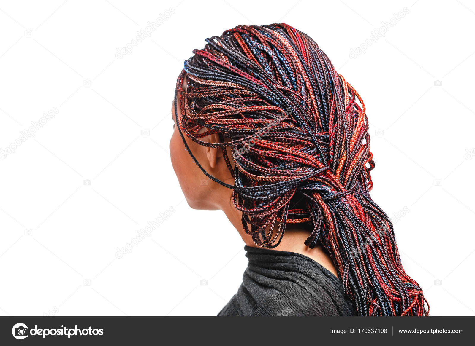 Isolated On White Woman With Colorful Hair Braided In Thin Plaits