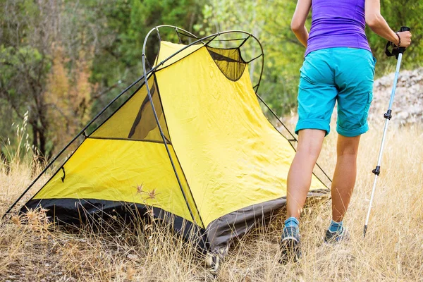 Nő egyedül természetjáró: ő kemping sátor nyári erdőben — Stock Fotó