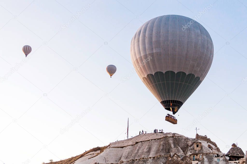 Hot air balloon flying over view point at Cappadocia Turkey
