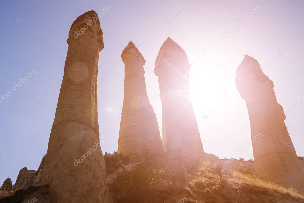 Scenic fisheye landscape pf Love Valley rock columns in Cappadocia, Turkey