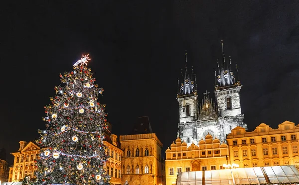 Noel ağacına gece eski şehir Meydanı, Prague, Çek Cumhuriyeti