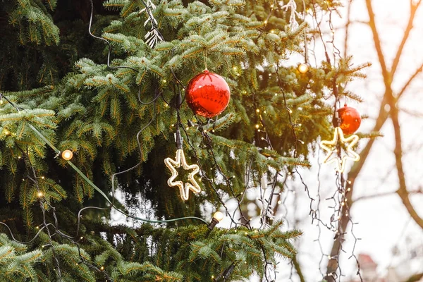 Decoração de Natal e luzes em uma árvore ao ar livre — Fotografia de Stock