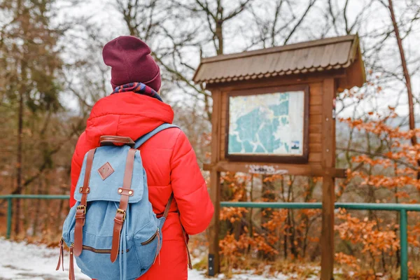 Mladá žena čte mapu při cestování v zasněžené podzimního lesa v národním parku — Stock fotografie
