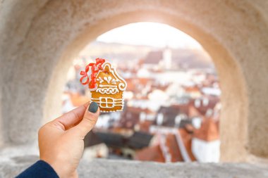 Bir kadın bir geleneksel gingerbread Çek Cumhuriyeti'nde bir Noel sokak arka plan üzerinde tutuyor