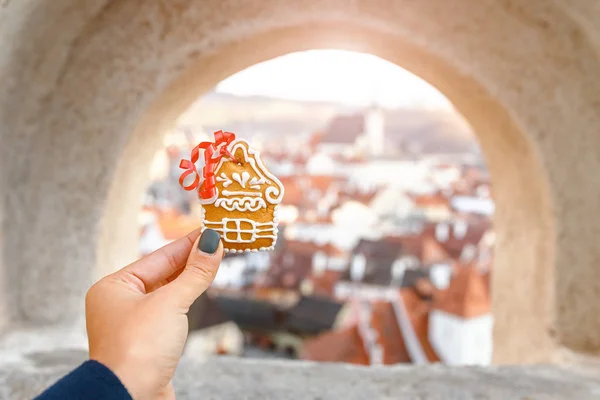 Eine Frau hält einen traditionellen Lebkuchen auf dem Hintergrund einer Weihnachtsstraße in der Tschechischen Republik — Stockfoto