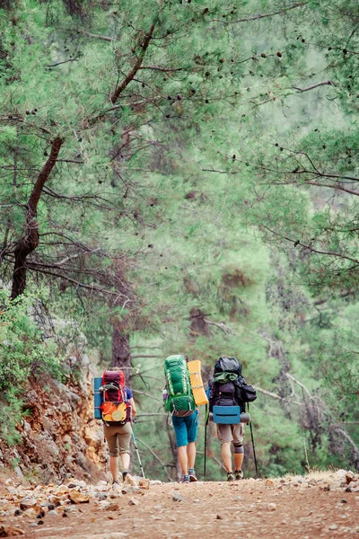 Un grupo de tres mochileros turistas modernos viaja en el verano a lo largo del Camino Lico en Turquía — Foto de Stock