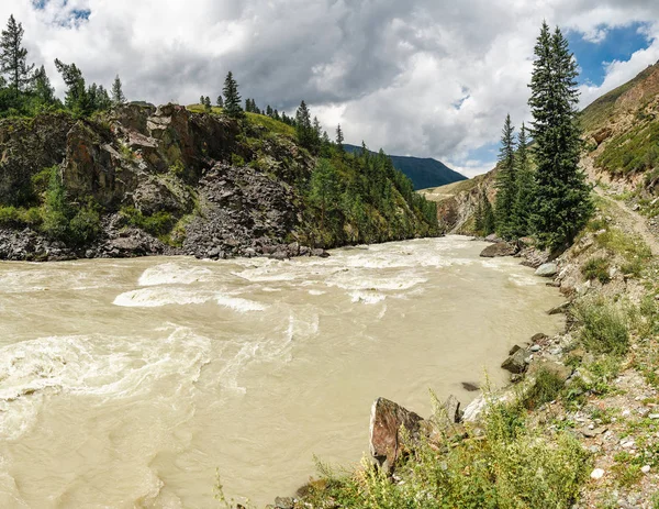 Hermosa vista del río de montaña en verano en las montañas de Altai, Siberia — Foto de Stock