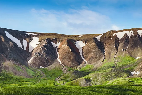 A classic Altai landscape with snow-capped rocky mountains and vast pastures with lush grass — Stock Photo, Image