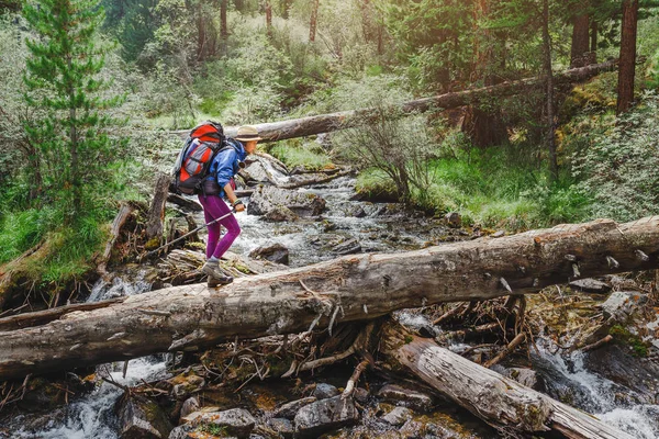 Mujer excursionista cruzando el río en las montañas utilizando un tronco de árbol grande, concepto de aventura al aire libre — Foto de Stock