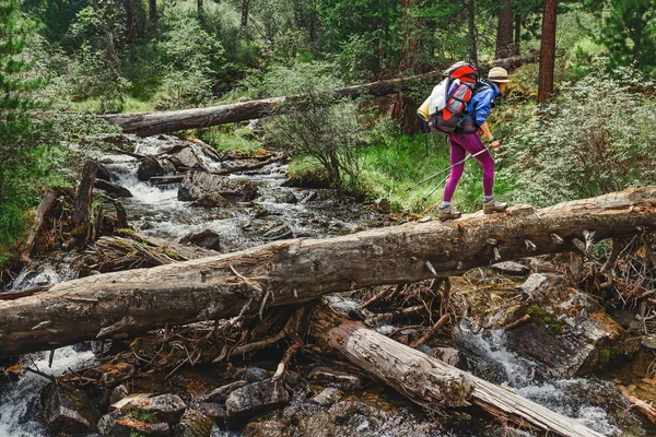 Mujer excursionista cruzando el río en las montañas utilizando un tronco de árbol grande, concepto de aventura al aire libre — Foto de Stock