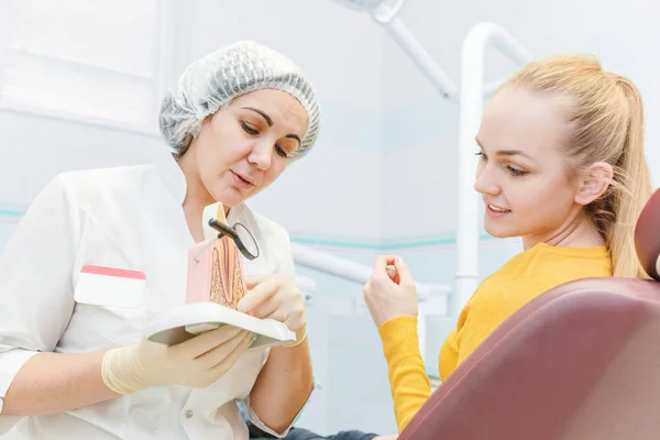 Il dentista spiega la struttura del dente e la malattia della carie con l'esempio di un modello in una clinica di stomatologia. — Foto Stock