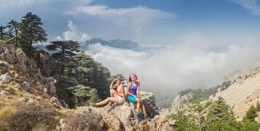 Mutlu kadın rock ve deniz kıyısı ve sisli dağlar yaz aylarında gün batımında bakarak üst.