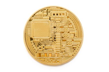 Beyaz arka plan üzerinde dijital iş Döviz Alım ve araştırma kavramı izole altın bir bitcoin btc