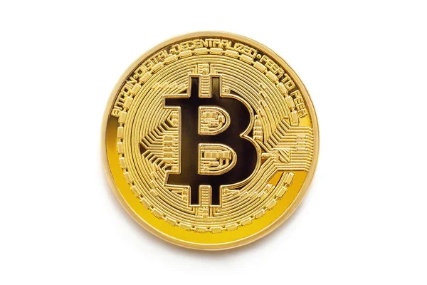 Gyllene en bitcoin btc isolerad på vit bakgrund, begreppet digital business valuta och gruvdrift — Stockfoto