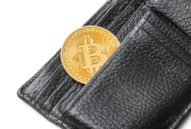 bitcoin dijital sanal para üzerinde beyaz izole deri cüzdan