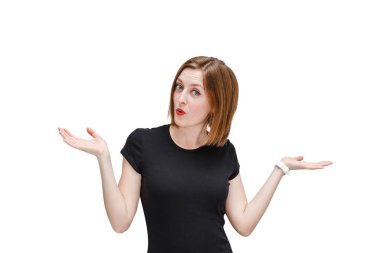 Seyir ve mutlu genç duygusal kadın Isolated Studio beyaz arka plan üzerinde heyecanlı