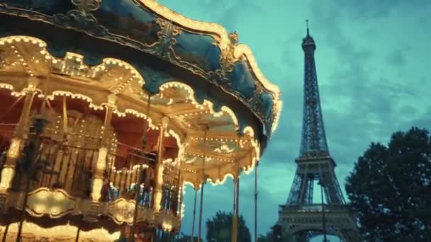 Июля 2019 Париж Франция Эйфелева Башня Движущаяся Карусель Вечернее Время Видеоклип
