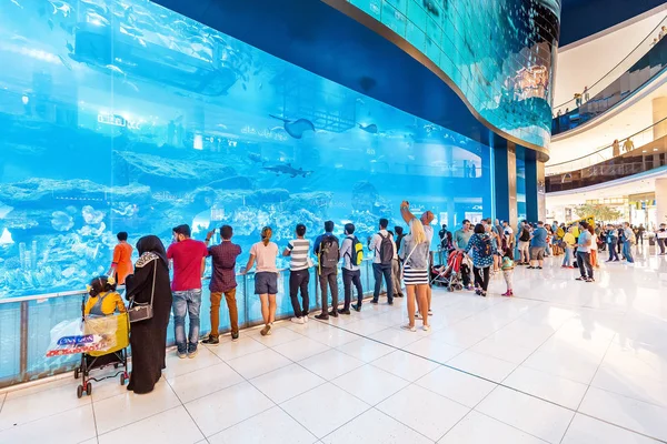 26 ноября 2019 года, Дубай, ОАЭ: посетители знаменитого огромного аквапарка в интерьере дубайского Mall — стоковое фото
