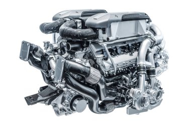 Modern yüksek teknoloji ve verimli motor beyaz arka planda izole edildi. Valf bakımı ve benzin tüketimi kavramı