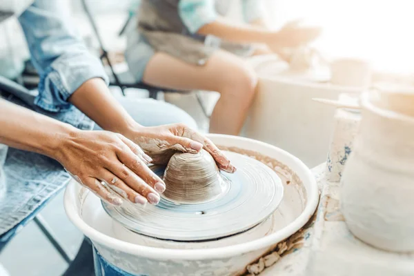 Close Female Hands Sculpting Clay Potter Wheel Concept Hobby Cretivity — Stock Photo, Image