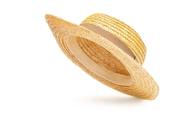 Boater Sombrero Paja Volando Aislado Estudio Concepto Accesorios Moda Vacaciones — Foto de Stock