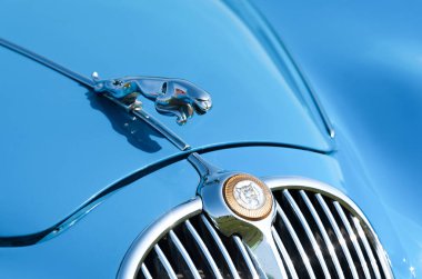 Vintage Jaguar araç rozeti yakın plan