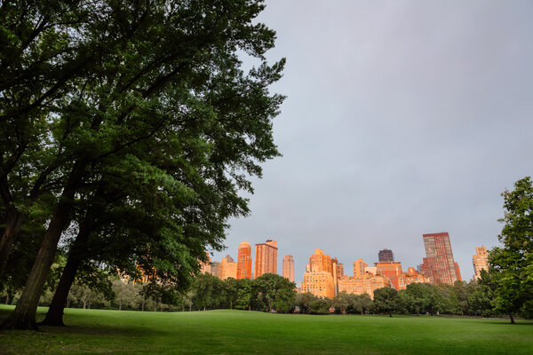 Early morning in New York City Central Park with Manhattan skyline and skyscrapers
