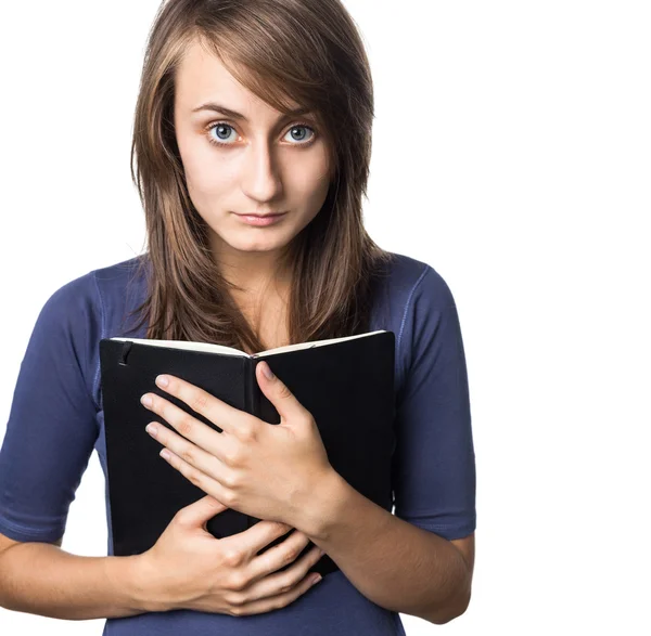 Onderwijs. Vrouwelijke student houdt een notebook — Stockfoto