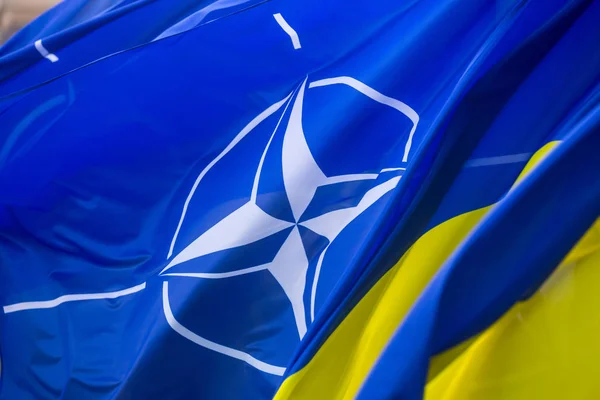 Національні прапори України і НАТО — стокове фото