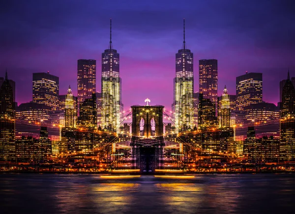 Manhattan bei Nacht mit Lichtern und Reflexionen — Stockfoto