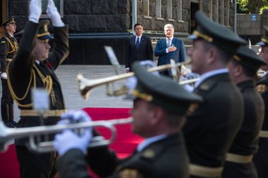 Kiev, Ukrayna - 11 Mayıs 2018: Başkan, Cumhuriyeti, Slovenya Borut Pahor bir toplantı sırasında Kiev Ukrayna Petro Poroshenko Başkan ile