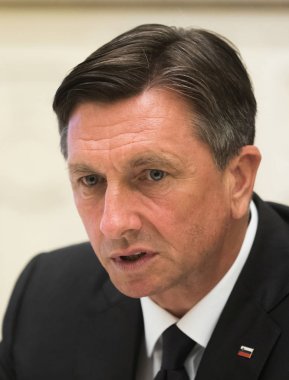 Kiev, Ukrayna - 11 Mayıs 2018: Başkan, Cumhuriyeti, Slovenya Borut Pahor bir toplantı sırasında Kiev Ukrayna Petro Poroshenko Başkan ile