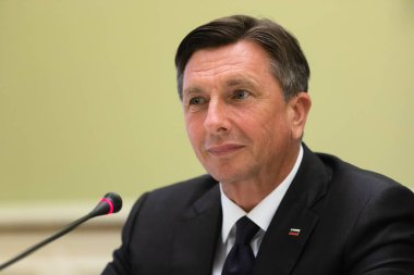 Kiev, Ukrayna - 11 Mayıs 2018: Başkan, Cumhuriyeti, Slovenya Borut Pahor bir toplantı sırasında Kiev Ukrayna Petro Poroshenko Başkan ile
