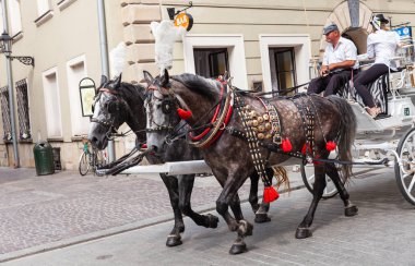 Krakow, Polonya - 27 Haziran 2013: Eski Krakow 'un güzel mimarisi. Krakow 'daki ana meydanda at arabaları