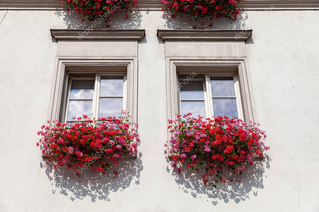 Krakow, Poland - 27 Jul, 2013: Beautiful architecture of old Krakow. Windows with flowers on the streets of Krakow