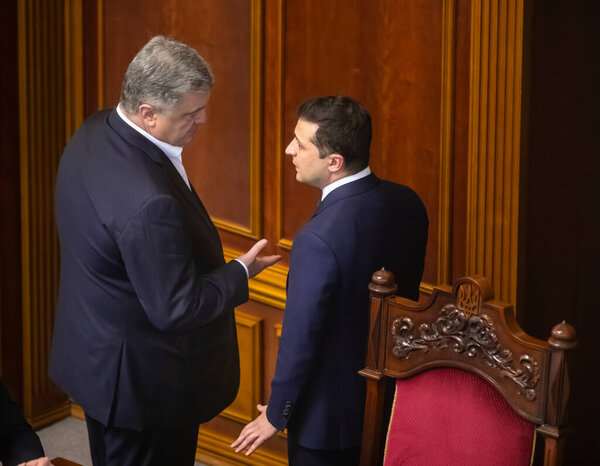 KYIV, UKRAINE - Mar. 04, 2020: Presidents of Ukraine Petro Poroshenko and Vladimir Zelensky during a meeting of the Verkhovna Rada of Ukraine