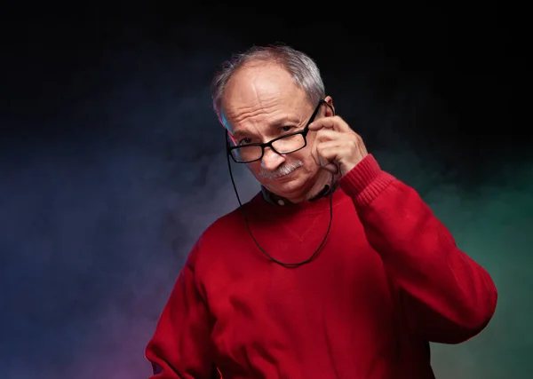 Studio Portrait Elderly Man Glasses Red Sweater — Stock Photo, Image