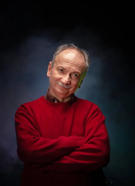 Studio Portrait Elderly Man Red Sweater — Stock Photo, Image