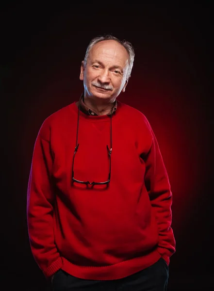 Studio Portrait Elderly Man Glasses Red Sweater — Stock Photo, Image
