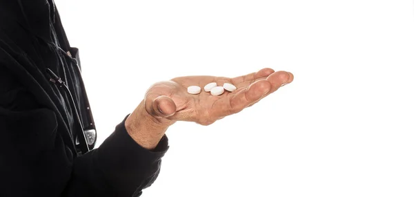 Medicine Health Concept Hand Elderly Man Pills White Background Old — Stock Photo, Image