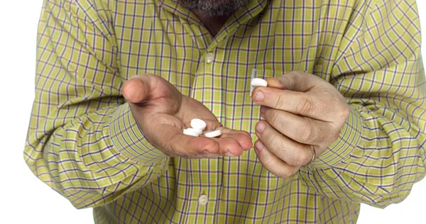 Medicine Health Concept Hands Elderly Man Pills White Background Old — Stock Photo, Image