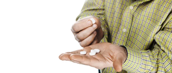 Medicine Health Concept Hands Elderly Man Pills White Background Old — Stock Photo, Image