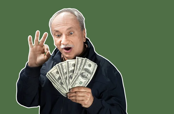 Senior Gentleman Holding Stack Money Portrait Excited Old Man Happy — Stock Photo, Image